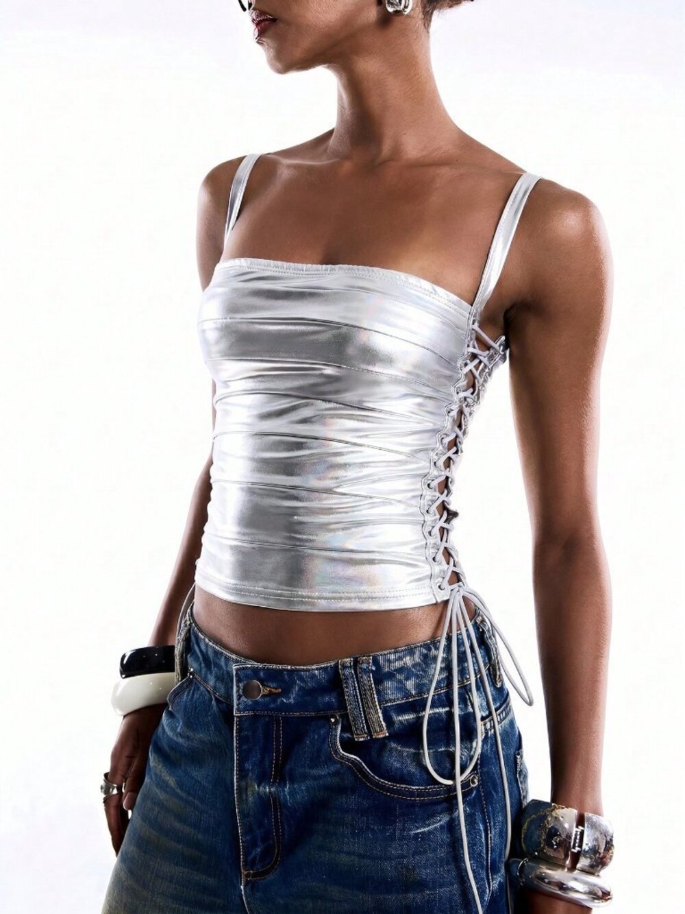 Silver Casual Minimalist Women's Cropped Camisole with Side Tie Y2K Midriff Top - Picture 4 of 6